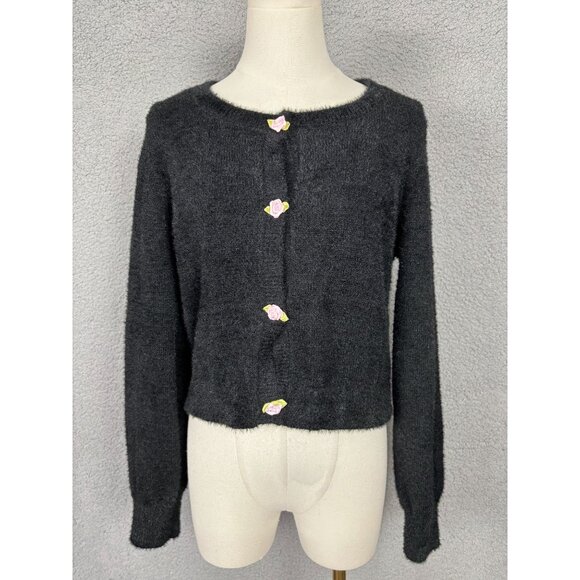 Madden Girl Women's Black Fuzzy Sweater With Flower Buttons M NWT's. - Picture 1 of 8